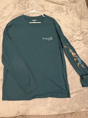 Wrangler Teal Long-Sleeve Graphic Tee with Sleeve Cowboy Art